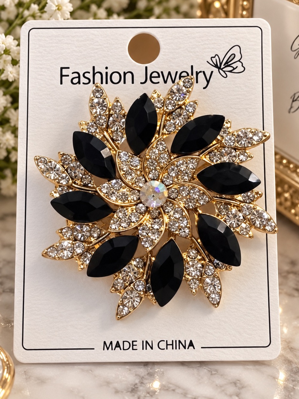 Black & Gold Rhinestone Floral Statement Brooch Pin – Sparkly Crystal